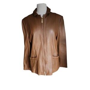 Jones New York Preppy Leather Jacket Womens XL Caramel Brown Classic Timeless